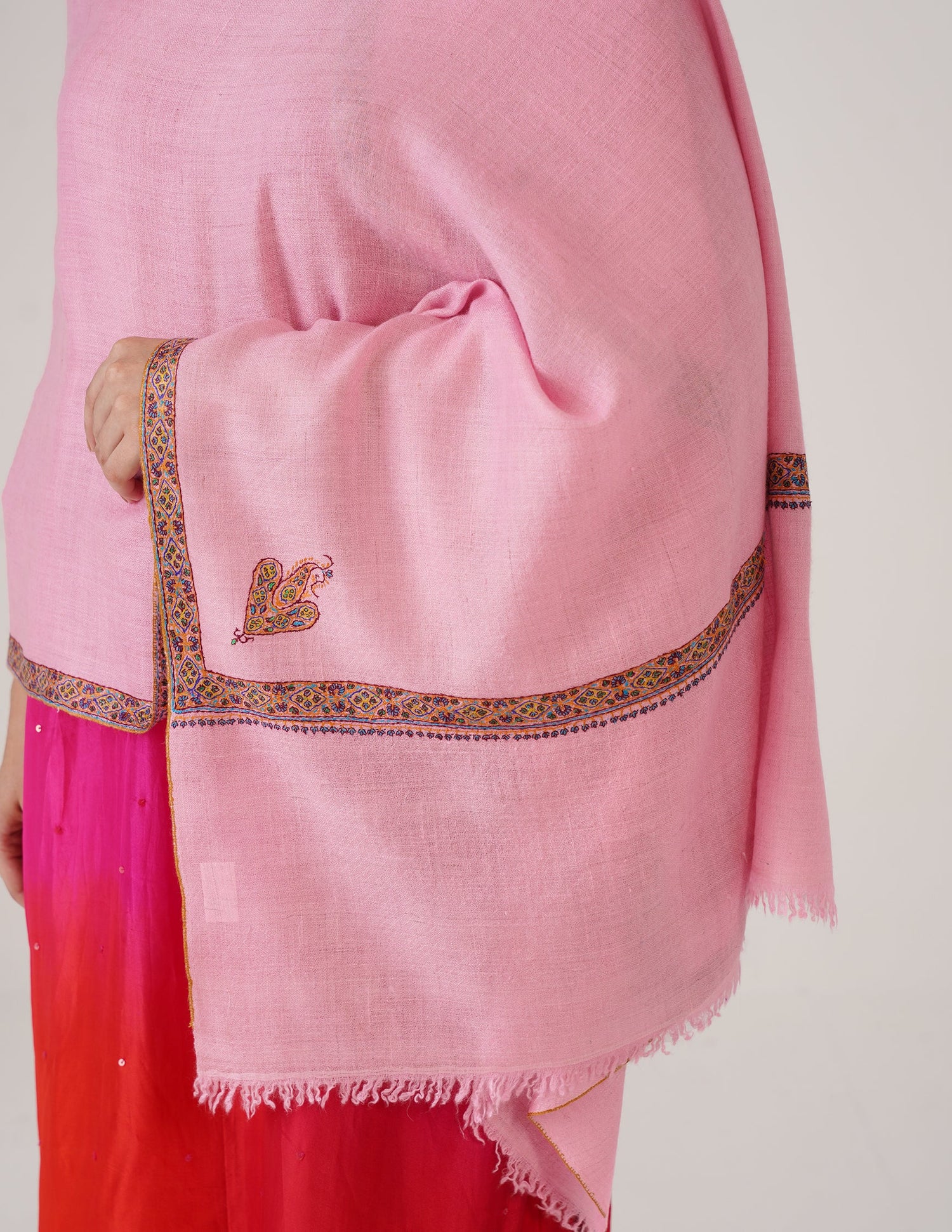 Kashmiri Handwoven Pashmina Sozni Stole Hashidaar – Candy Pink | Handwoven Heritage | GI Certified