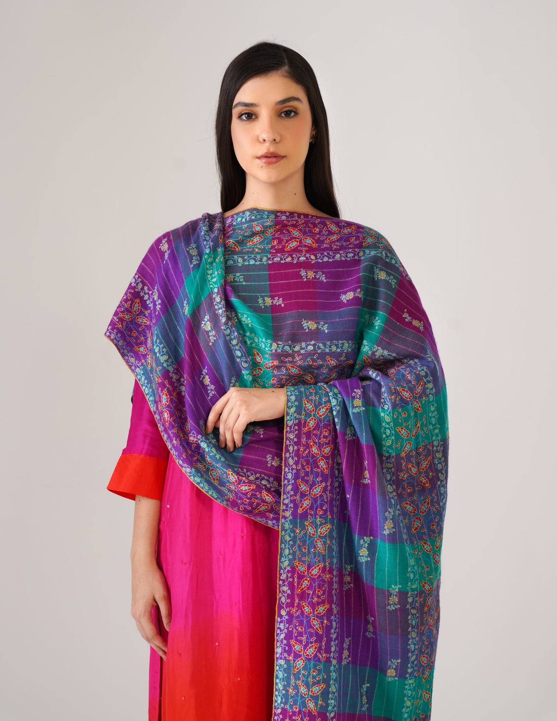 Kashmiri Handwoven Pashmina Sozni Stole Modern Checkered – Natural Undyed | Handwoven Heritage (Copy)