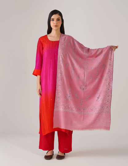 Kashmiri Handwoven Pashmina Sozni Stole Modern Design – Pink | Handwoven Heritage
