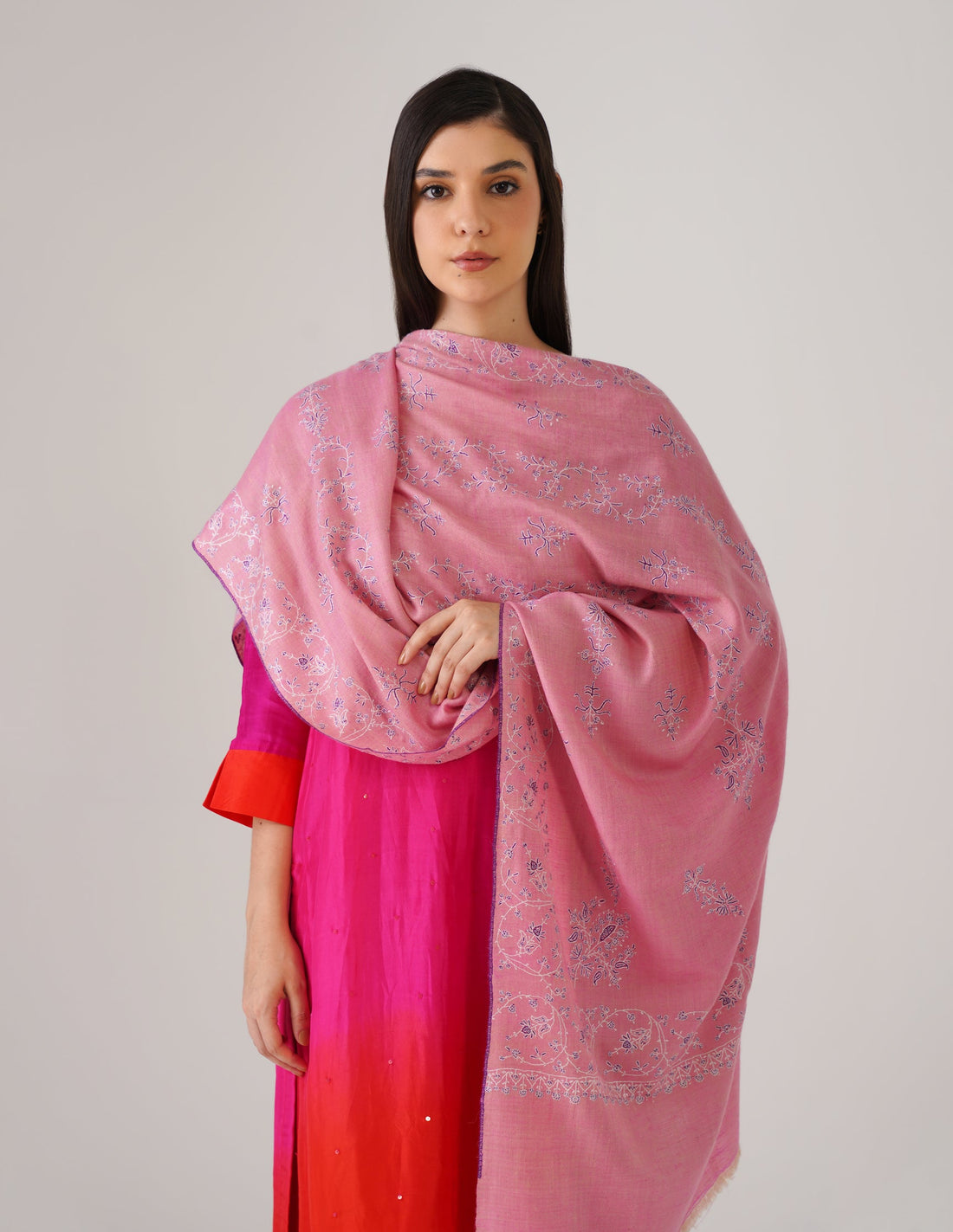 Kashmiri Handwoven Pashmina Sozni Stole Modern Design – Pink | Handwoven Heritage