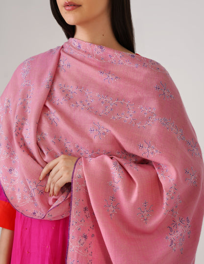 Kashmiri Handwoven Pashmina Sozni Stole Modern Design – Pink | Handwoven Heritage