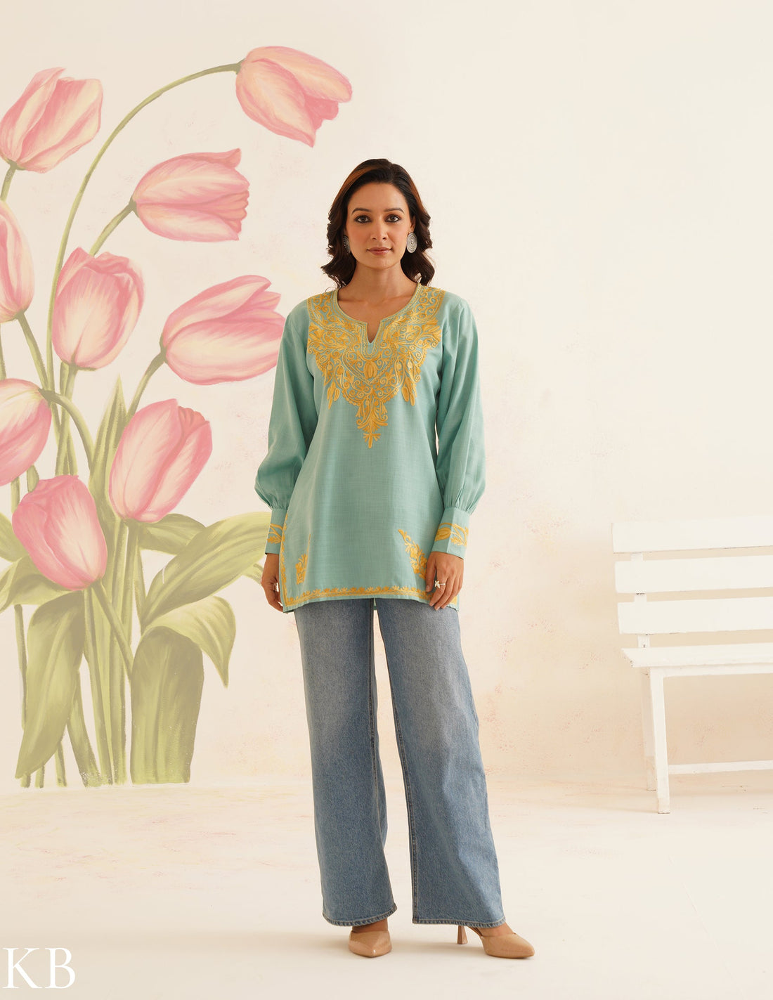 Sea Green Kurti with Golden Aari Embroidery | Bahaar Collection 2025 - Kashmir Box