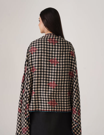 Kashmiri Handwoven Pashmina Sozni Stole Modern Check Bootidar – Black &amp; White | Handwoven Heritage