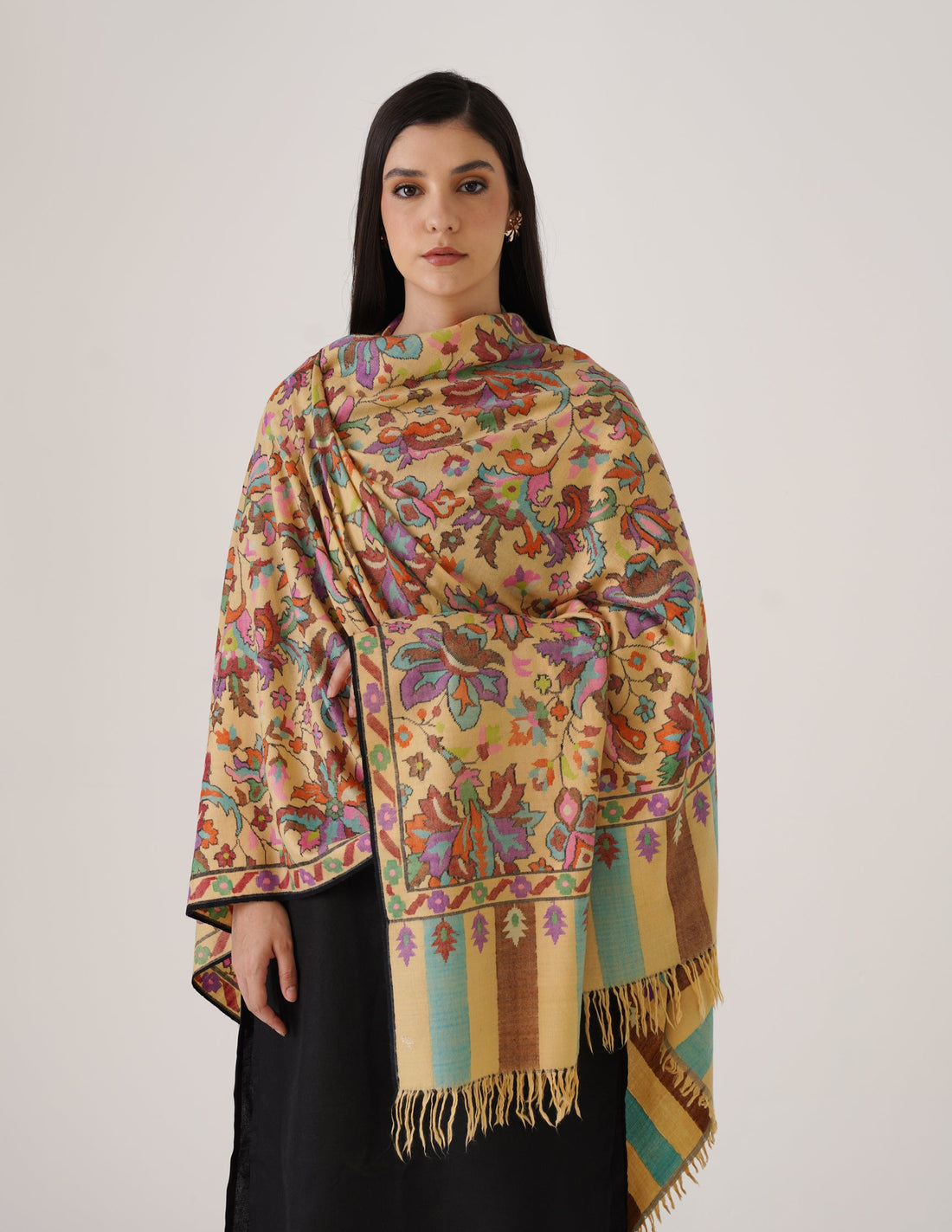 Kashmiri Handwoven Kani Embroidered Pashmina Shawl – Golden Beige | Kalamkari Heritage - Kashmir Box