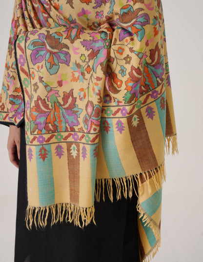 Kashmiri Handwoven Kani Embroidered Pashmina Shawl – Golden Beige | Kalamkari Heritage - Kashmir Box