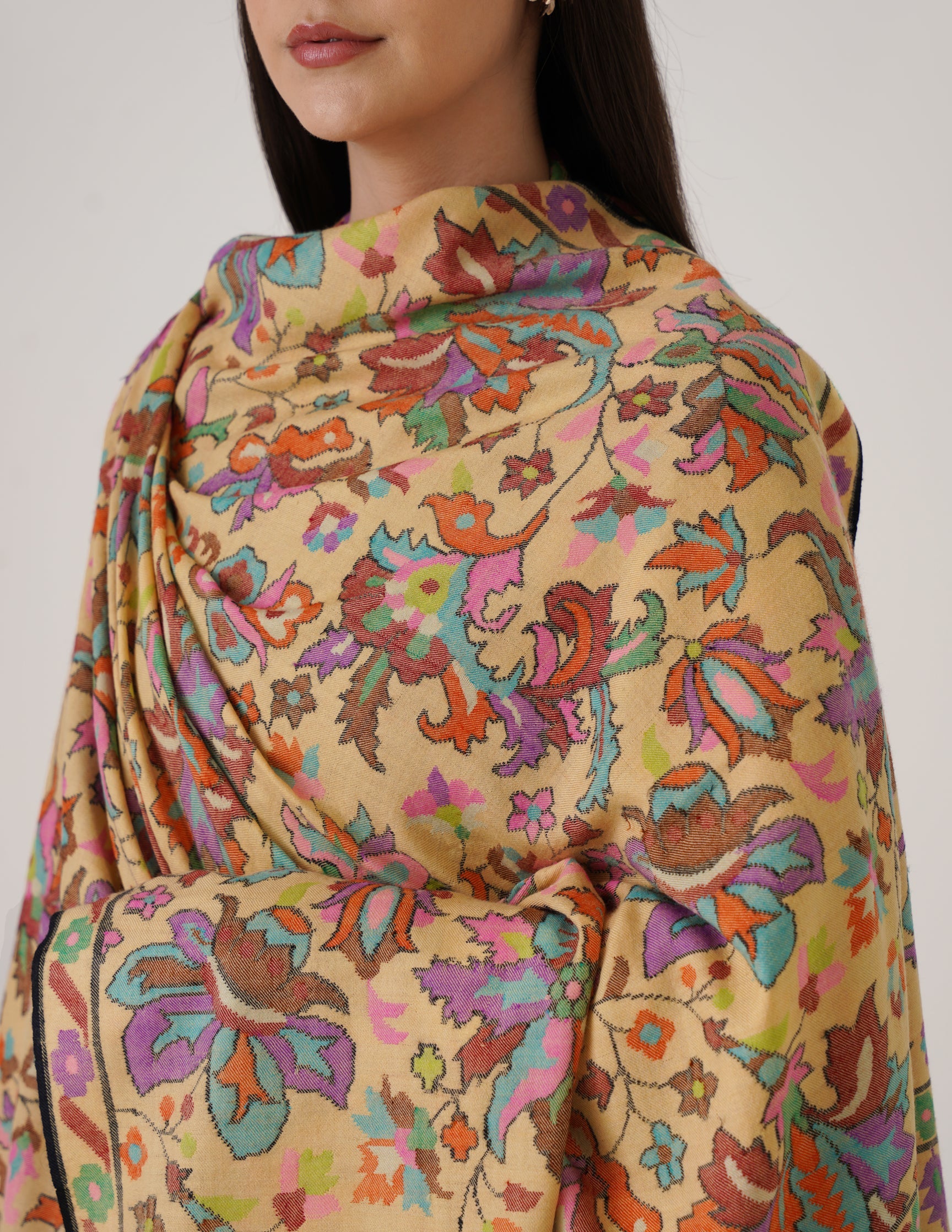 Kashmiri Handwoven Kani Embroidered Pashmina Shawl – Golden Beige | Kalamkari Heritage - Kashmir Box