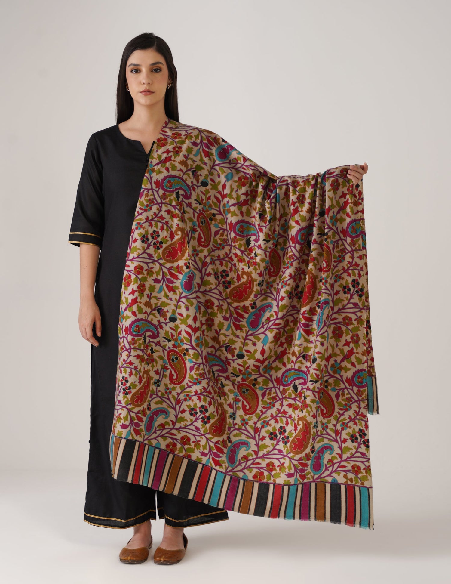 Kashmiri Handwoven Kani Embroidered Pashmina Shawl – Natural | Kalamkari Heritage - Kashmir Box