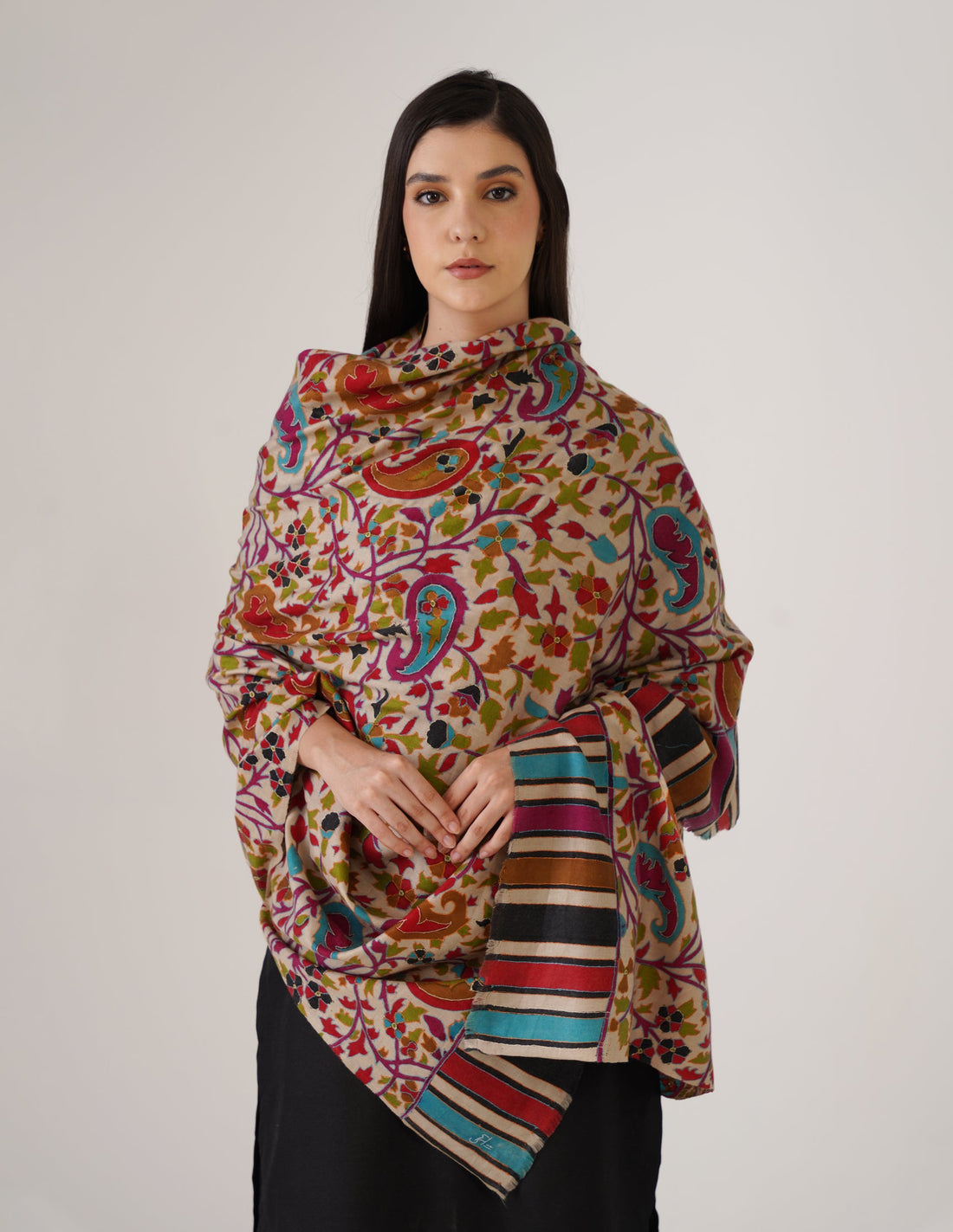 Kashmiri Handwoven Kani Embroidered Pashmina Shawl – Natural | Kalamkari Heritage - Kashmir Box