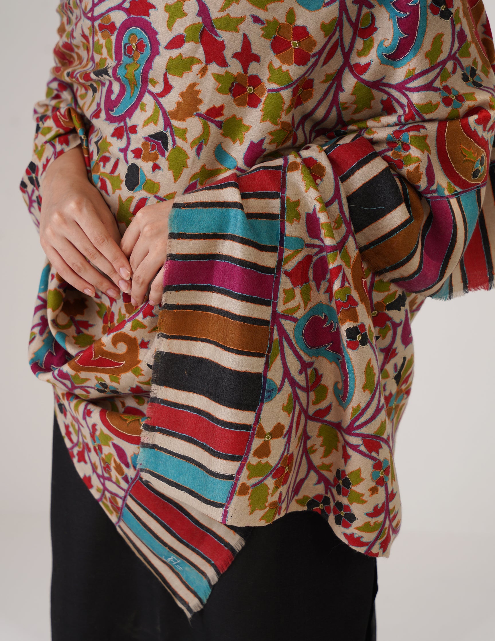 Kashmiri Handwoven Kani Embroidered Pashmina Shawl – Natural | Kalamkari Heritage - Kashmir Box