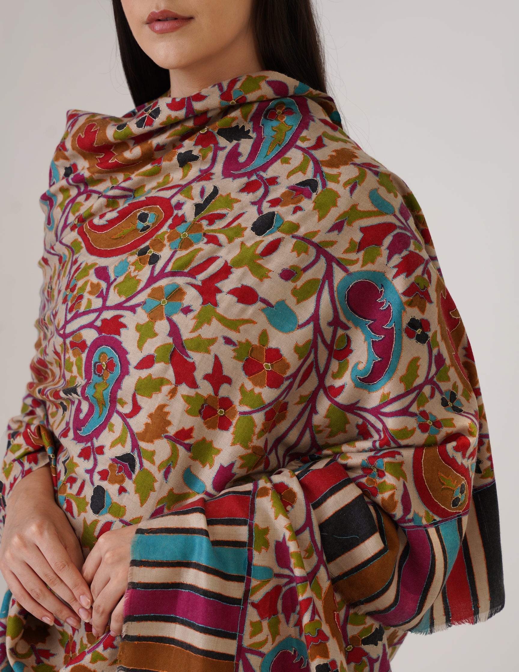 Kashmiri Handwoven Kani Embroidered Pashmina Shawl – Natural | Kalamkari Heritage - Kashmir Box