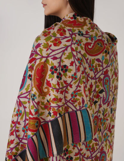 Kashmiri Handwoven Kani Embroidered Pashmina Shawl – Natural | Kalamkari Heritage - Kashmir Box