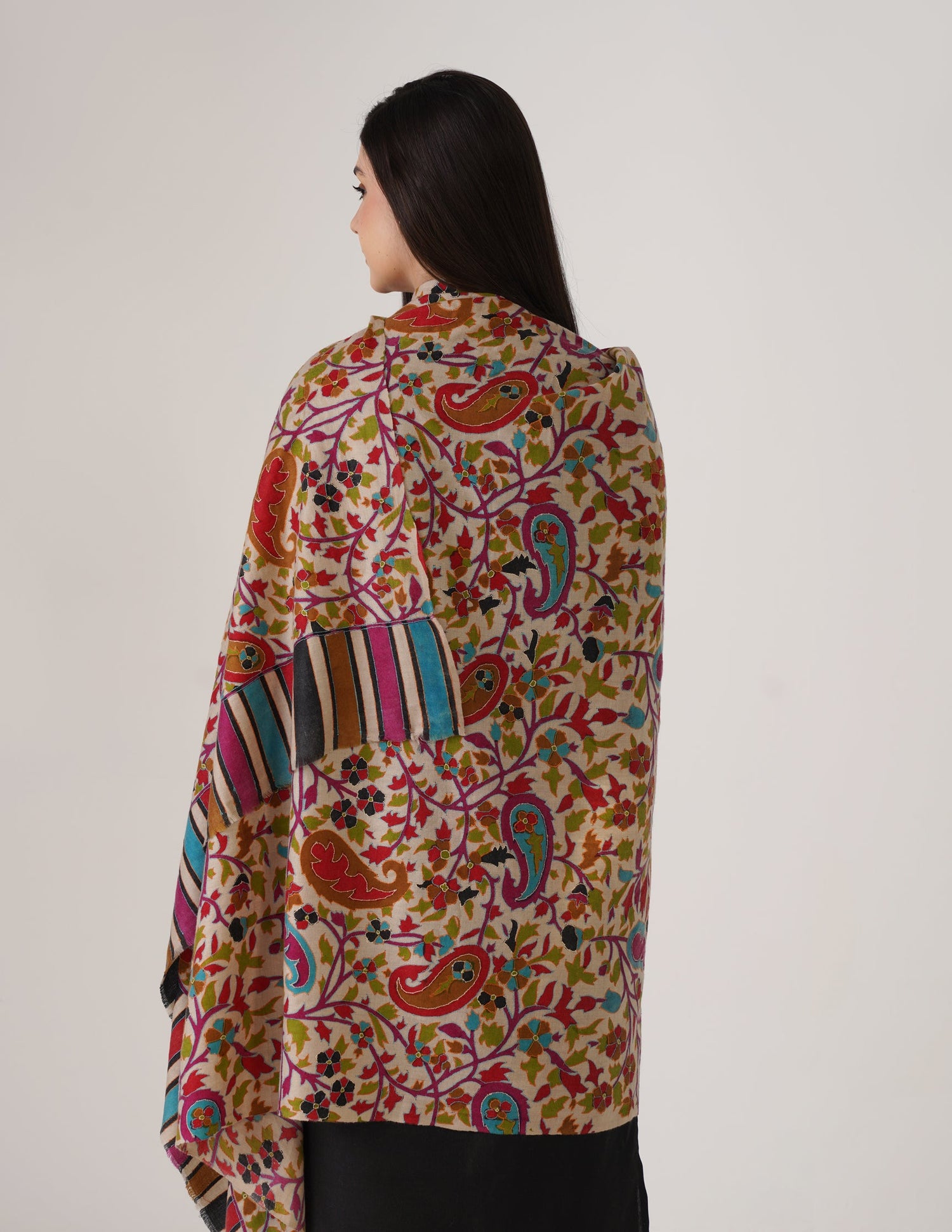 Kashmiri Handwoven Kani Embroidered Pashmina Shawl – Natural | Kalamkari Heritage - Kashmir Box