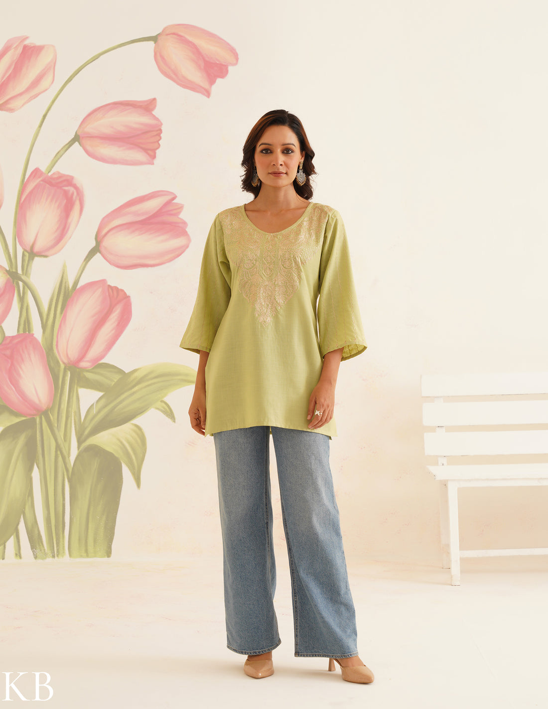 Light Green Kurti with Golden Zari Embroidery | Bahaar Collection 2025