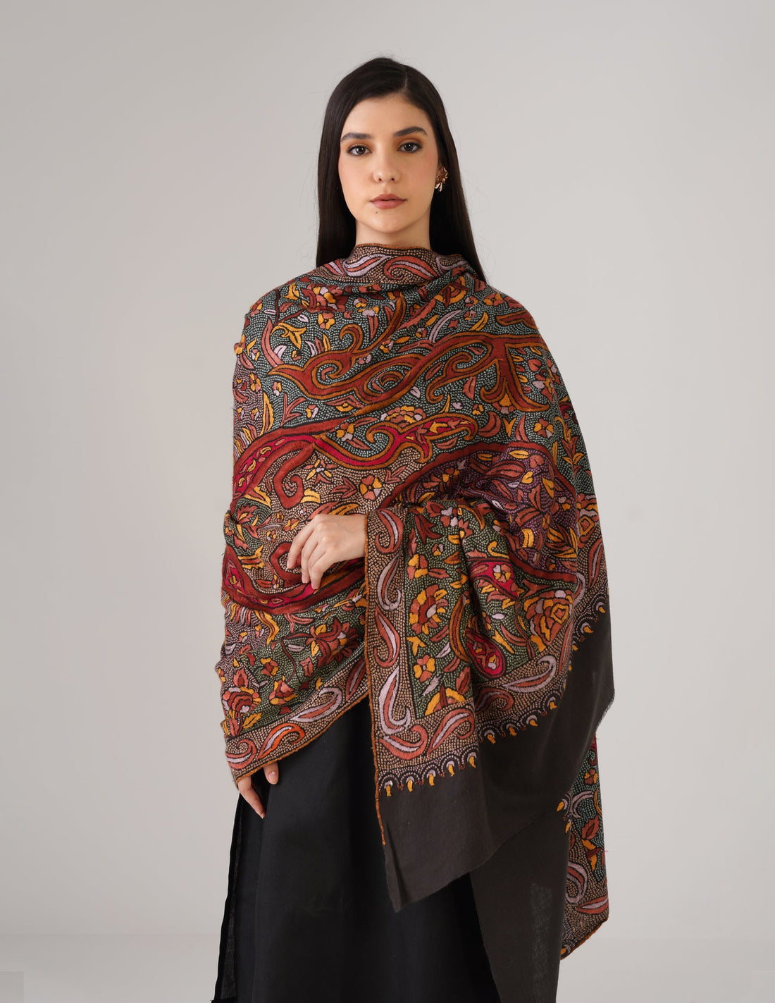 Kashmiri Handwoven Pashmina Sozni Shawl Jaalidar – Black & Grey | Handwoven Heritage - Kashmir Box