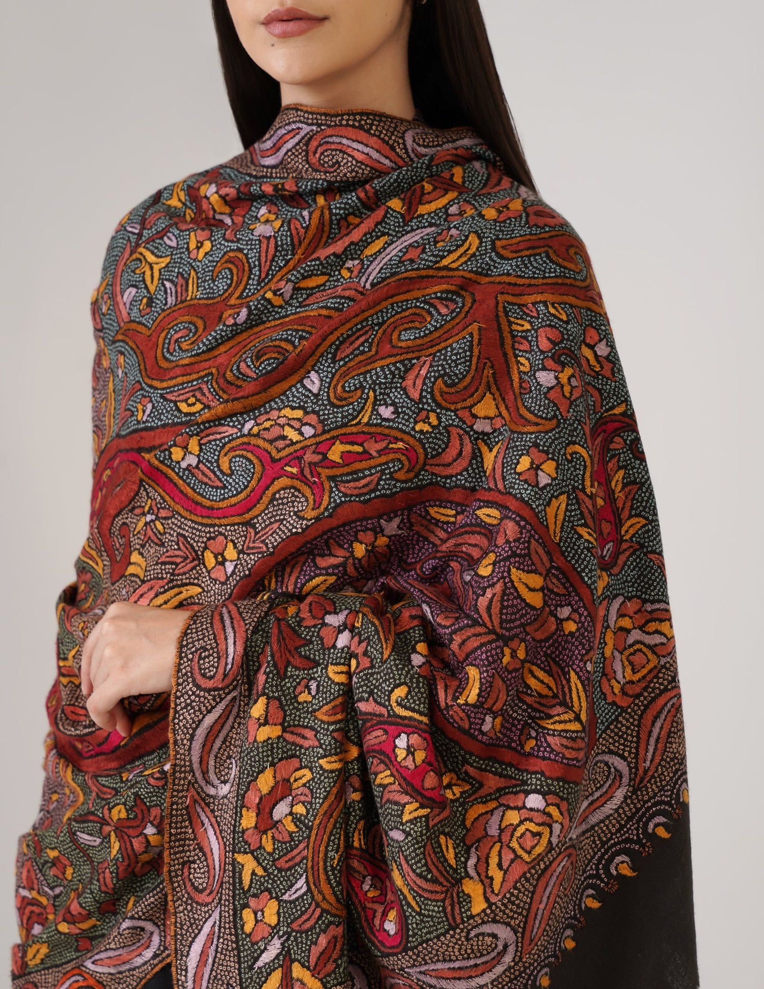 Kashmiri Handwoven Pashmina Sozni Shawl Jaalidar – Black &amp; Grey | Handwoven Heritage - Kashmir Box