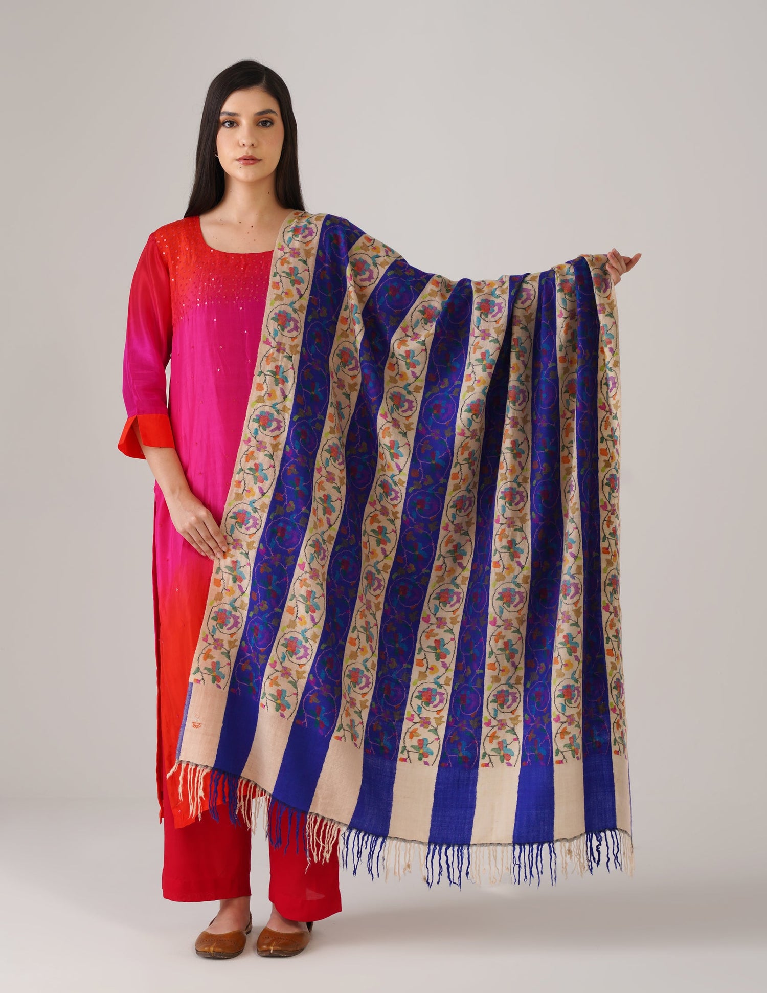 Kashmiri Handwoven Kani Embroidered Pashmina Shawl – Off White &amp; Blue | Kalamkari Heritage - Kashmir Box