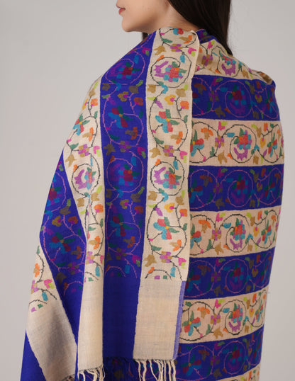 Kashmiri Handwoven Kani Embroidered Pashmina Shawl – Off White &amp; Blue | Kalamkari Heritage - Kashmir Box