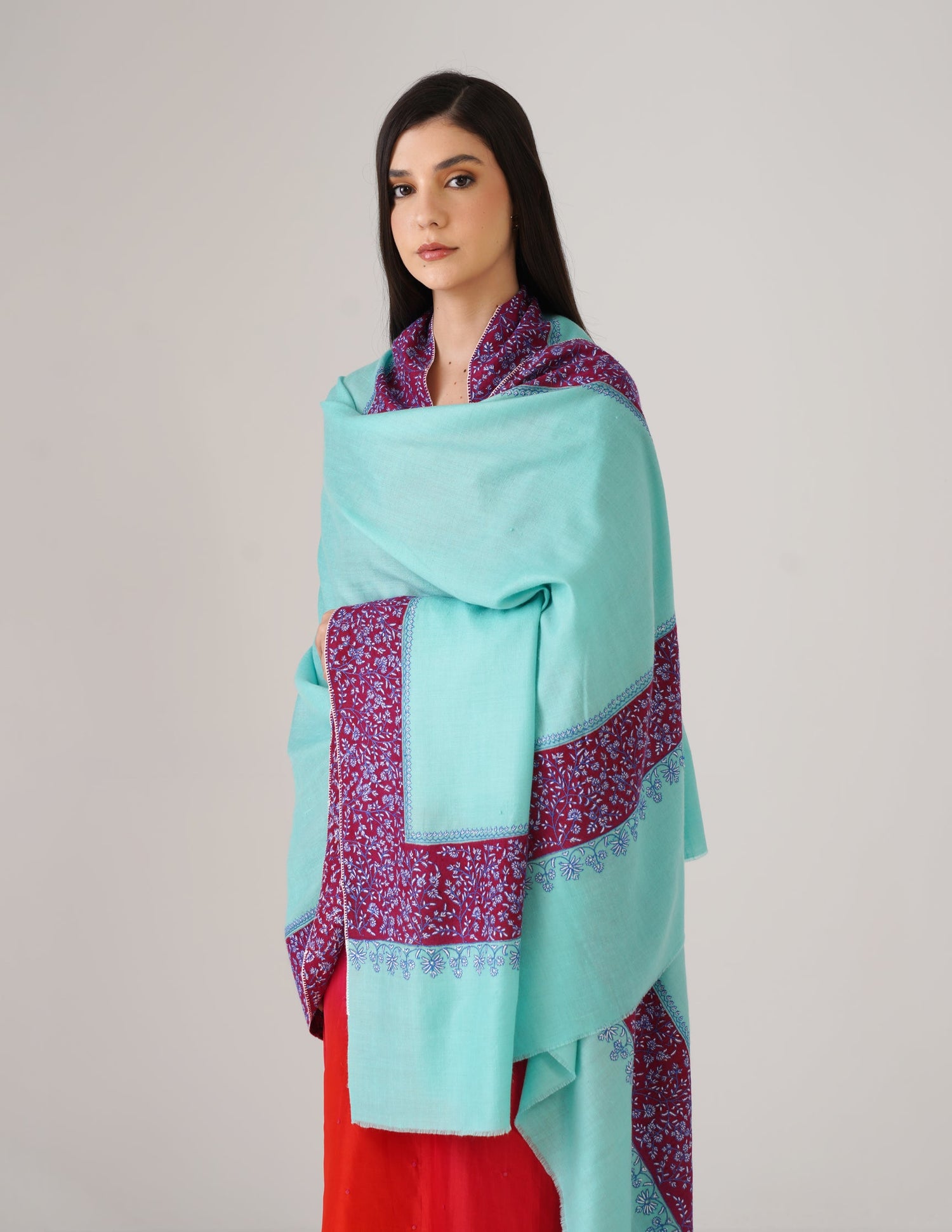 Kashmiri Handwoven Pashmina Sozni Shawl Modern Design – Turquoise | Blue &amp; White Sozni Heritage - Kashmir Box