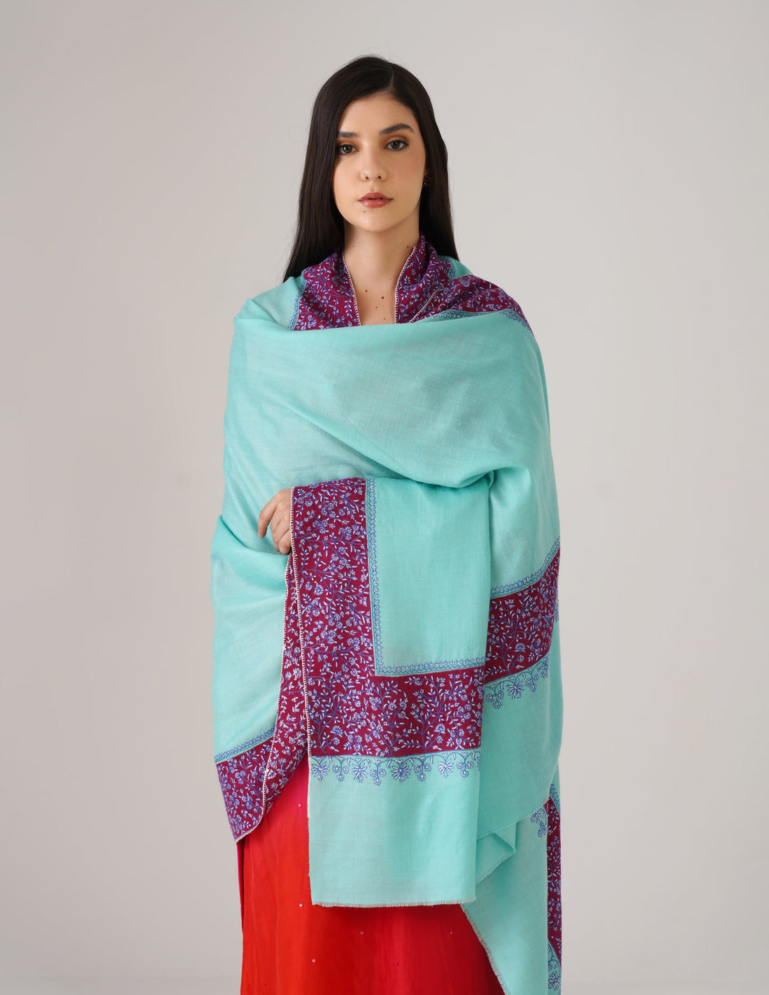 Kashmiri Handwoven Pashmina Sozni Shawl Modern Design – Turquoise | Blue & White Sozni Heritage - Kashmir Box