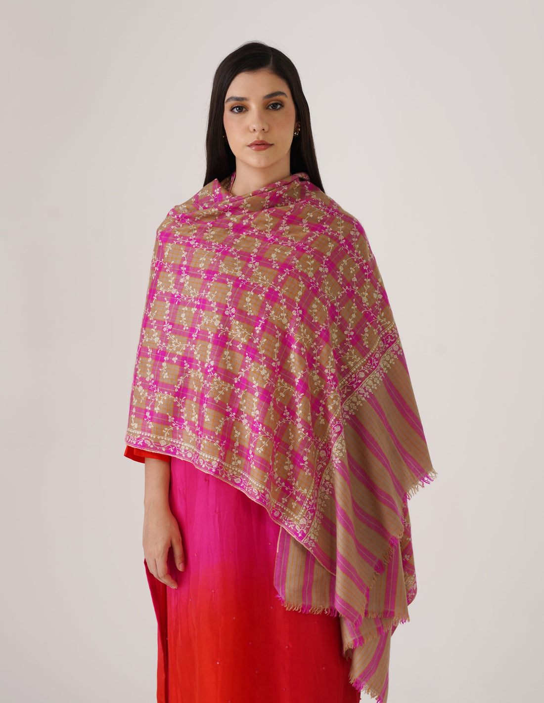 Kashmiri Handwoven Pashmina Sozni Stole Modern Jaal – Grey & Purple Check | Handwoven Heritage