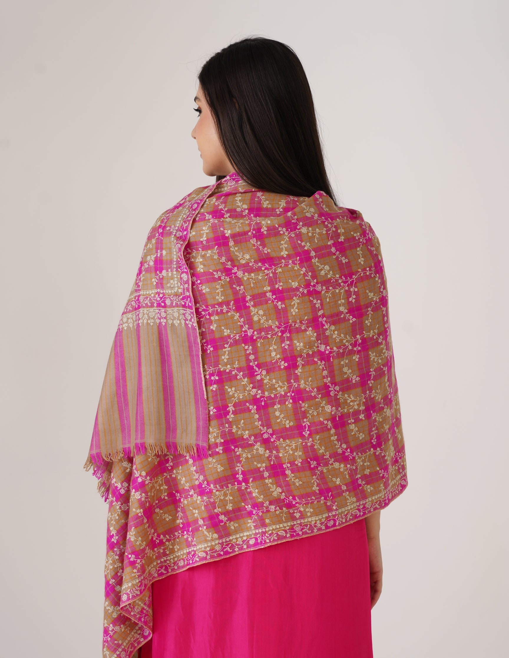 Kashmiri Handwoven Pashmina Sozni Stole Modern Jaal – Grey &amp; Purple Check | Handwoven Heritage
