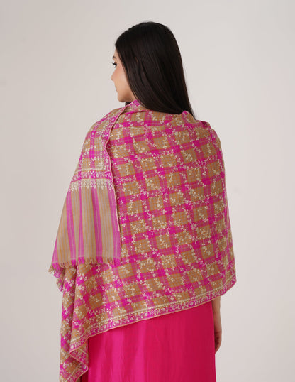 Kashmiri Handwoven Pashmina Sozni Stole Modern Jaal – Grey &amp; Purple Check | Handwoven Heritage