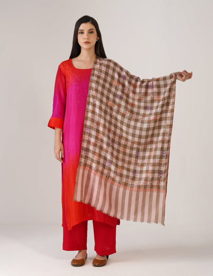 Kashmiri Handwoven Pashmina Sozni Stole Modern Check – Natural &amp; Baby Pink | Handwoven Heritage