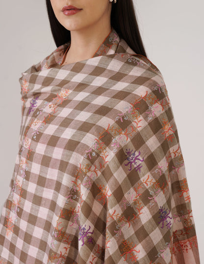 Kashmiri Handwoven Pashmina Sozni Stole Modern Check – Natural &amp; Baby Pink | Handwoven Heritage
