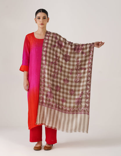 Kashmiri Handwoven Pashmina Sozni Stole Modern Check – Natural &amp; White | Handwoven Heritage