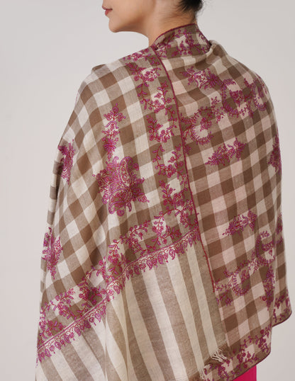 Kashmiri Handwoven Pashmina Sozni Stole Modern Check – Natural &amp; White | Handwoven Heritage