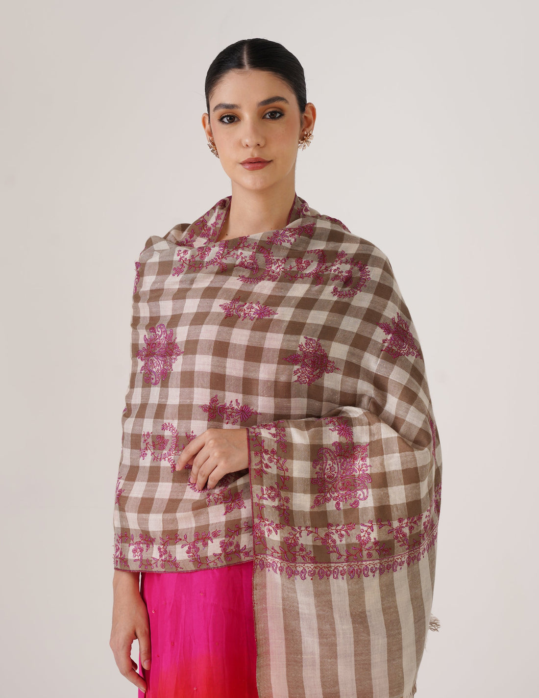 Kashmiri Handwoven Pashmina Sozni Stole Modern Check – Natural & White | Handwoven Heritage