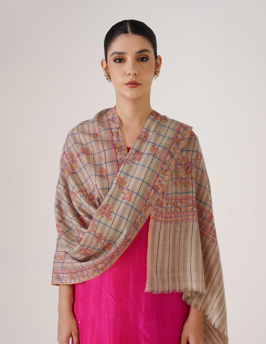 Kashmiri Handwoven Pashmina Sozni Stole Modern Check – Natural, Black & Blue | Handwoven Heritage - Kashmir Box