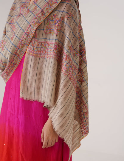 Kashmiri Handwoven Pashmina Sozni Stole Modern Check – Natural, Black &amp; Blue | Handwoven Heritage