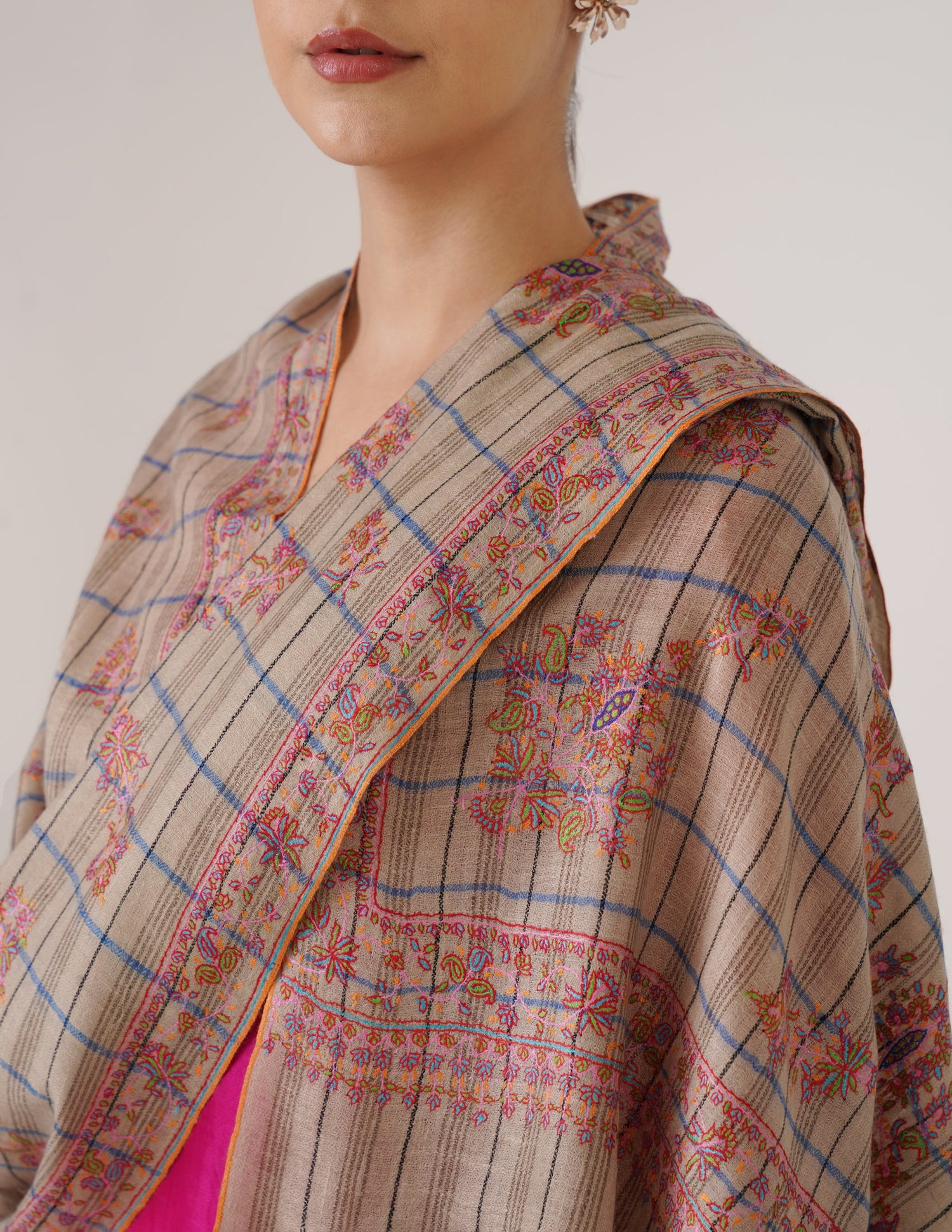 Kashmiri Handwoven Pashmina Sozni Stole Modern Check – Natural, Black &amp; Blue | Handwoven Heritage