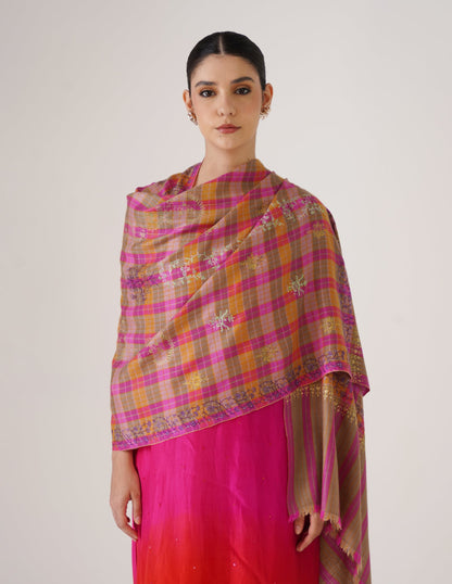 Kashmiri Handwoven Pashmina Sozni Stole Modern Design – Grey &amp; Purple | Handwoven Heritage