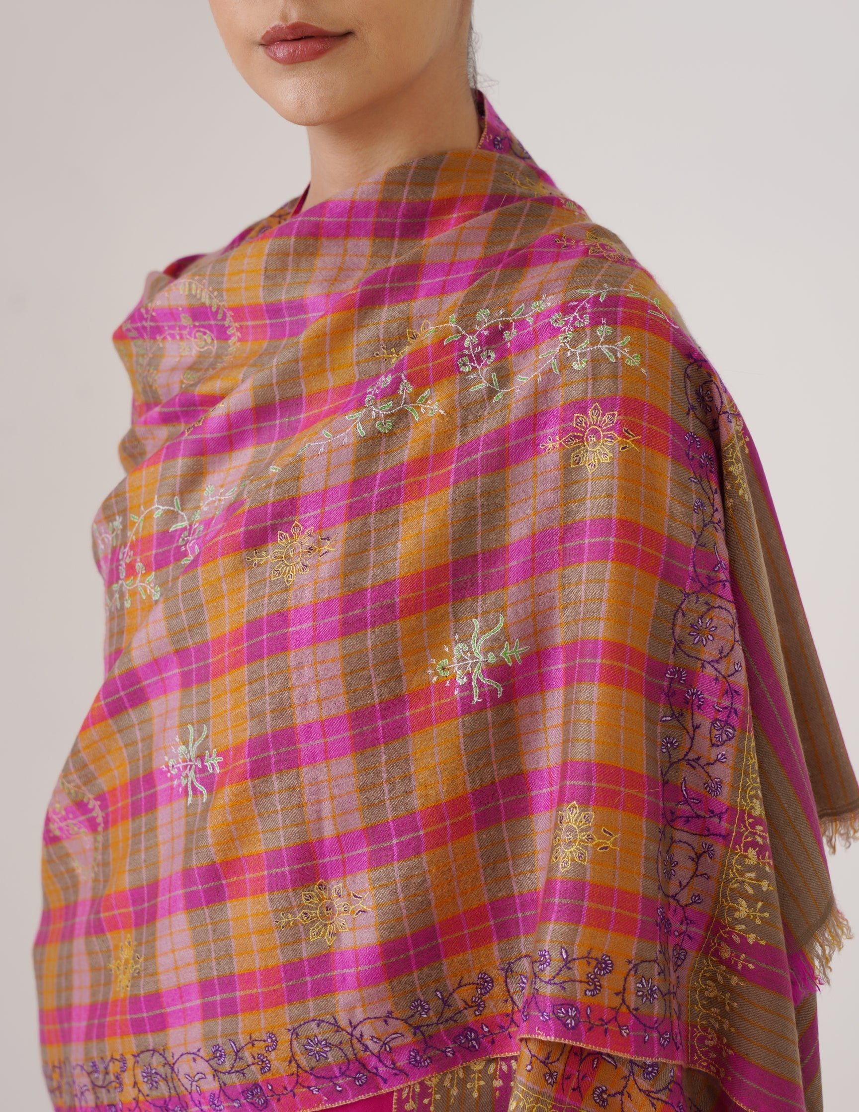 Kashmiri Handwoven Pashmina Sozni Stole Modern Design – Grey &amp; Purple | Handwoven Heritage