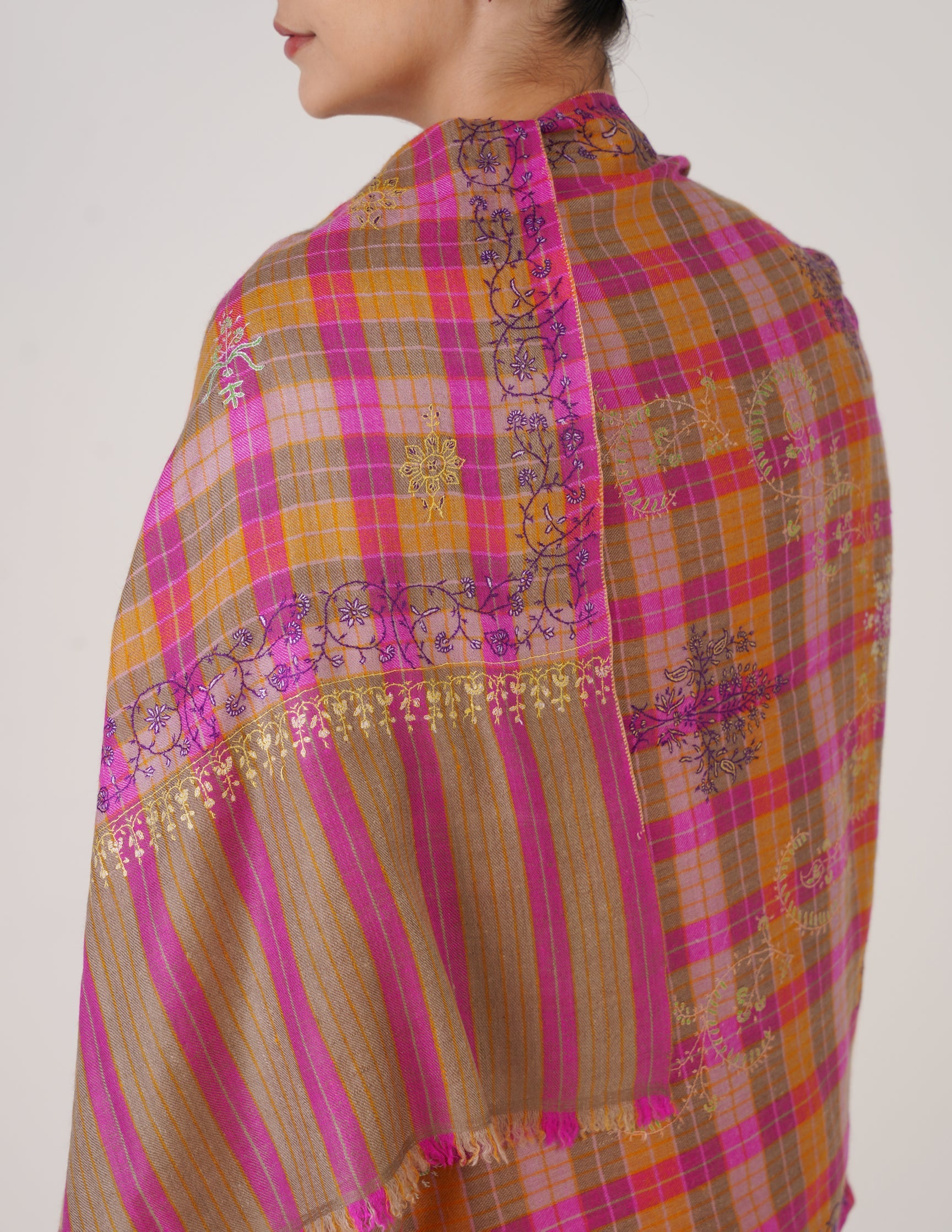 Kashmiri Handwoven Pashmina Sozni Stole Modern Design – Grey &amp; Purple | Handwoven Heritage