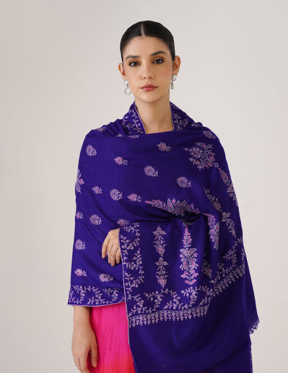 Kashmiri Handwoven Pashmina Sozni Stole Modern Design – Royal Blue | Handwoven Heritage - Kashmir Box