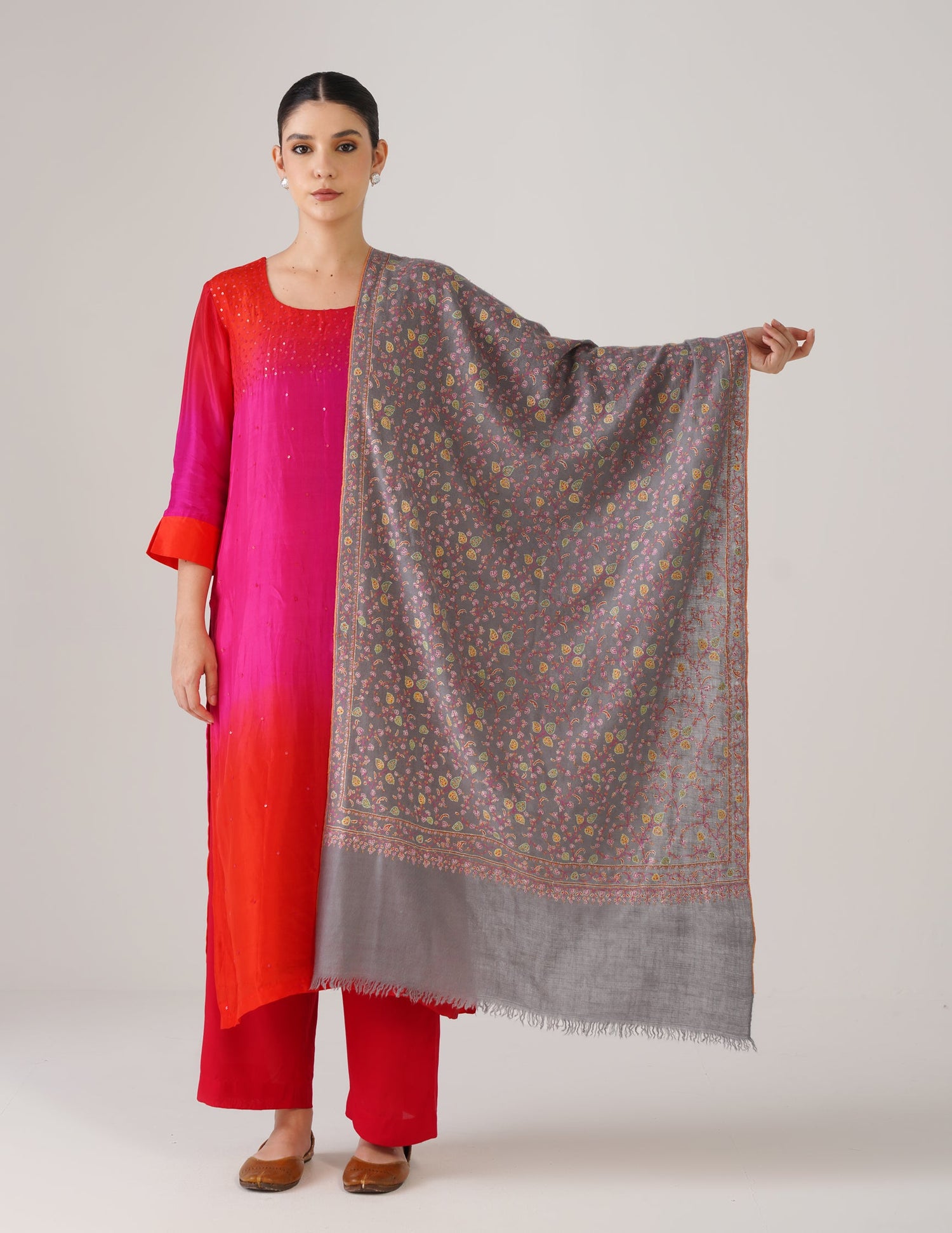 Kashmiri Handwoven Pashmina Sozni Stole Heavy Jaalidar – Grey | Handwoven Heritage