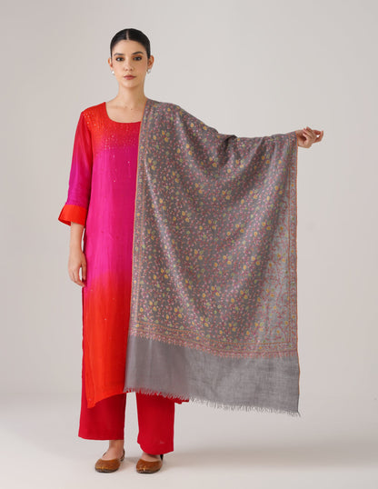 Kashmiri Handwoven Pashmina Sozni Stole Heavy Jaalidar – Grey | Handwoven Heritage