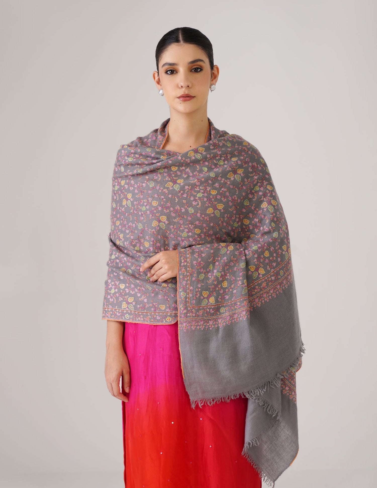 Kashmiri Handwoven Pashmina Sozni Stole Heavy Jaalidar – Grey | Handwoven Heritage