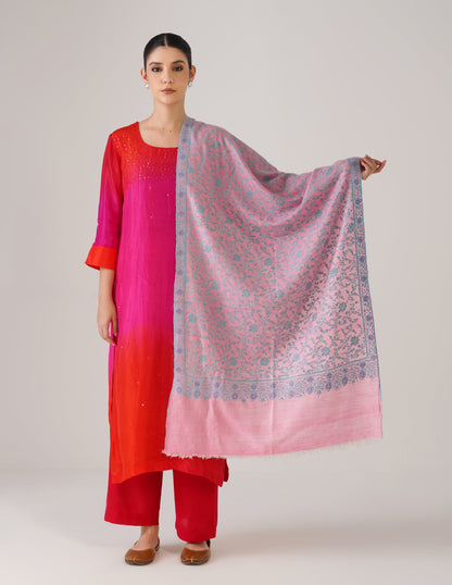 Kashmiri Handwoven Pashmina Sozni Stole Heavy Jaalidar – Pink | Handwoven Heritage