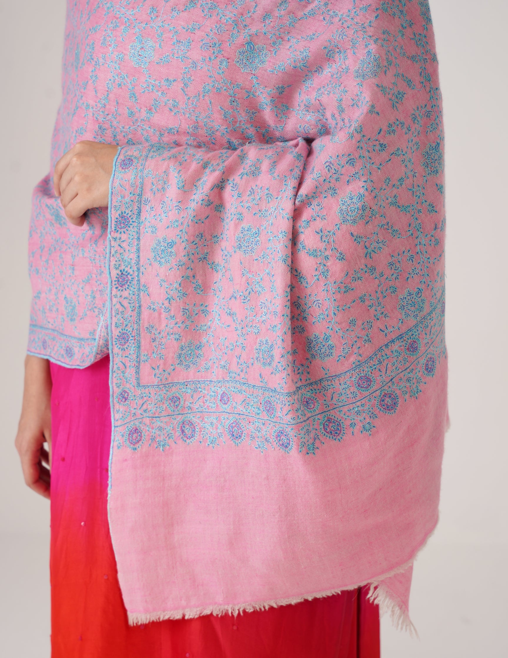 Kashmiri Handwoven Pashmina Sozni Stole Heavy Jaalidar – Pink | Handwoven Heritage