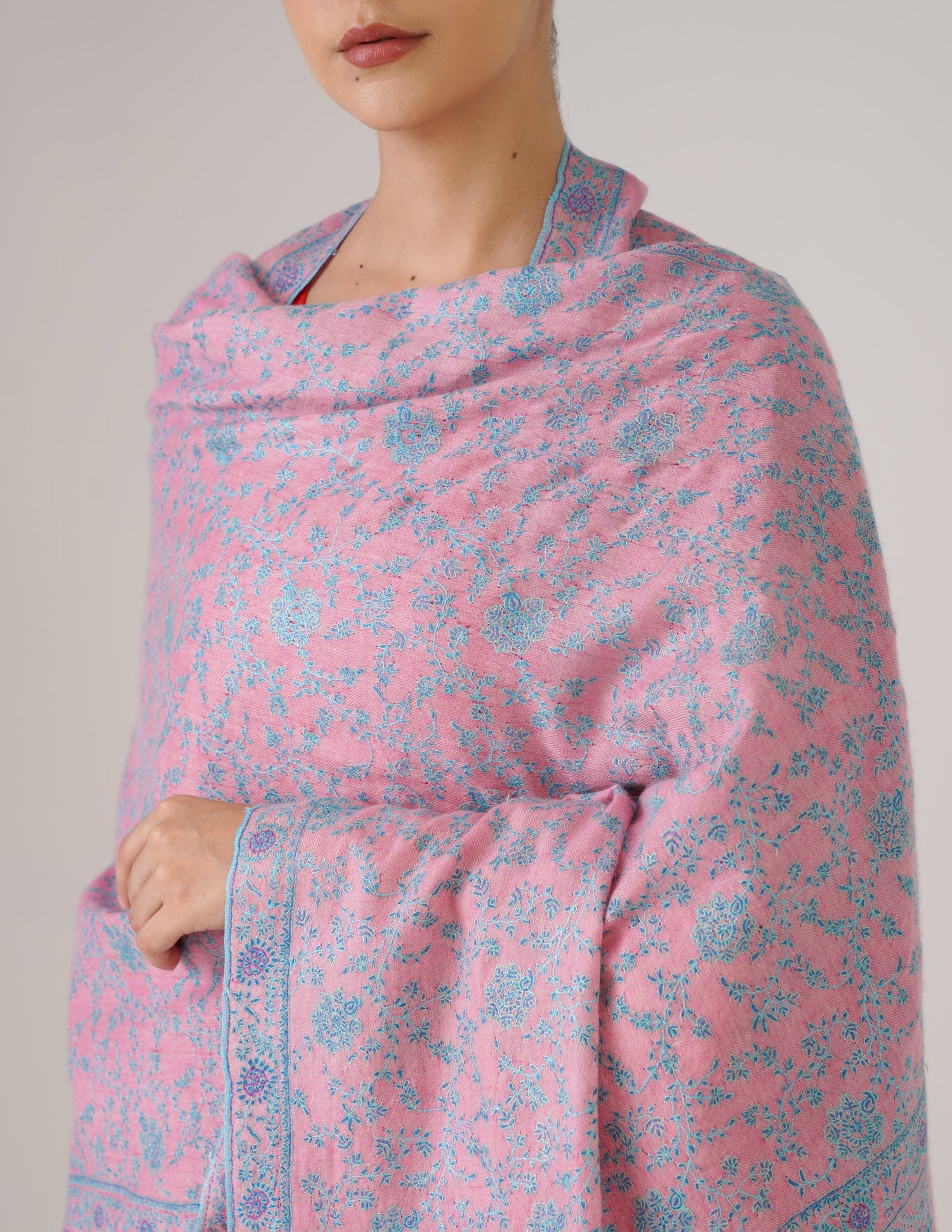 Kashmiri Handwoven Pashmina Sozni Stole Heavy Jaalidar – Pink | Handwoven Heritage