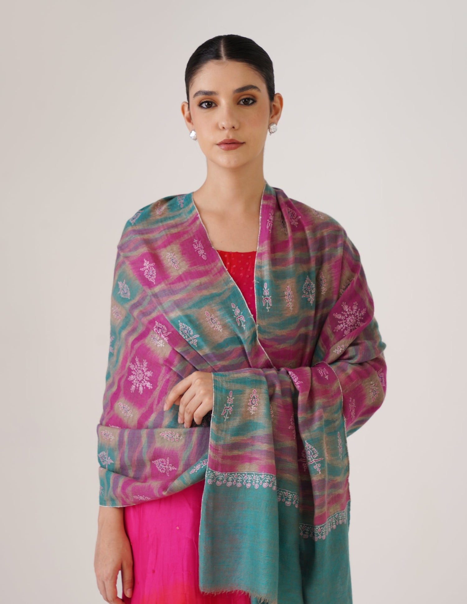 Kashmiri Handwoven Pashmina Sozni Stole Modern Ikkat – Turquoise &amp; Purple | Handwoven Heritage