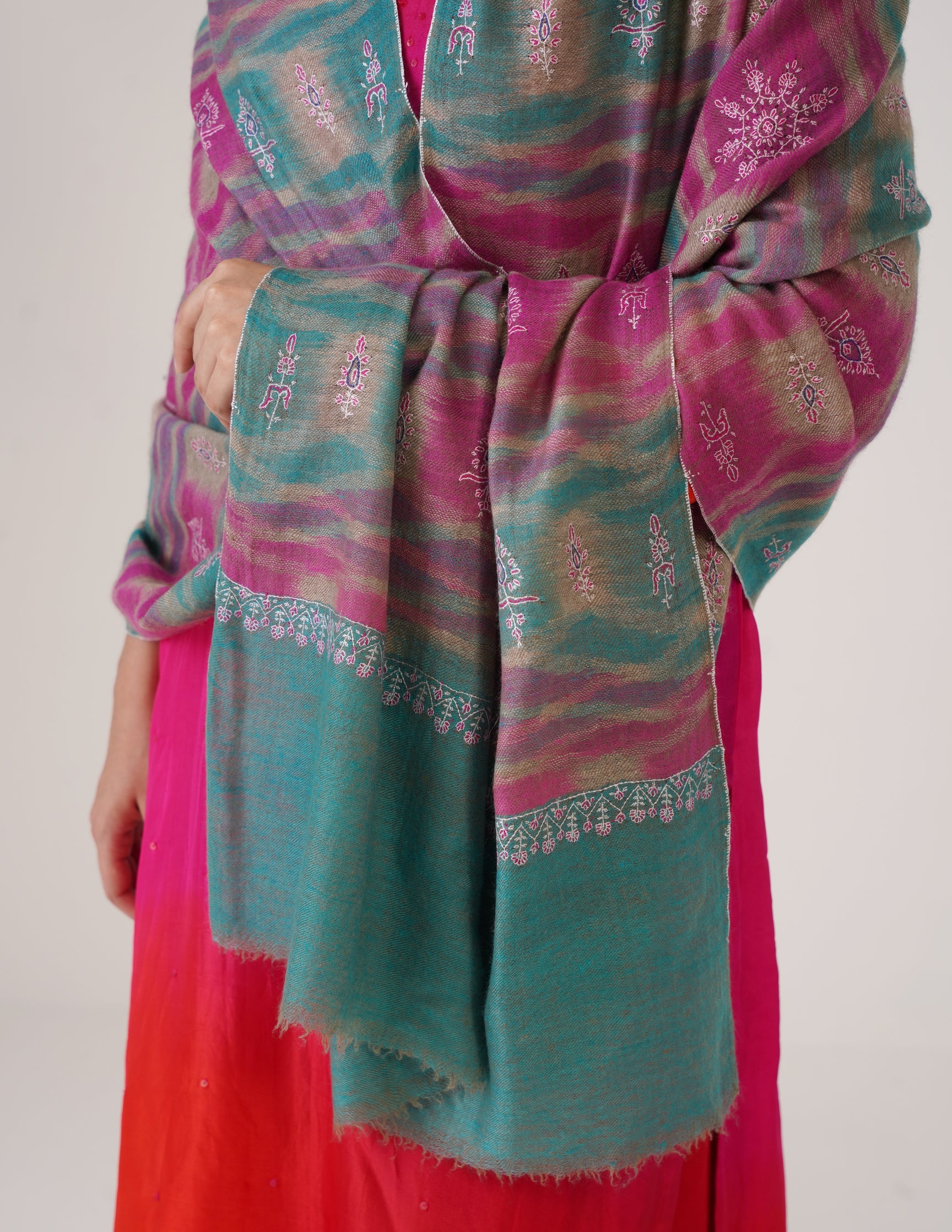 Kashmiri Handwoven Pashmina Sozni Stole Modern Ikkat – Turquoise &amp; Purple | Handwoven Heritage