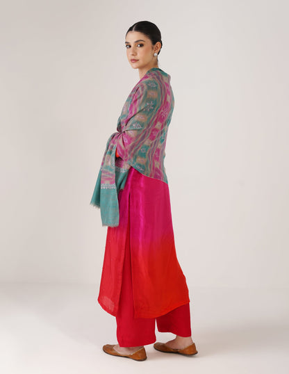 Kashmiri Handwoven Pashmina Sozni Stole Modern Ikkat – Turquoise &amp; Purple | Handwoven Heritage