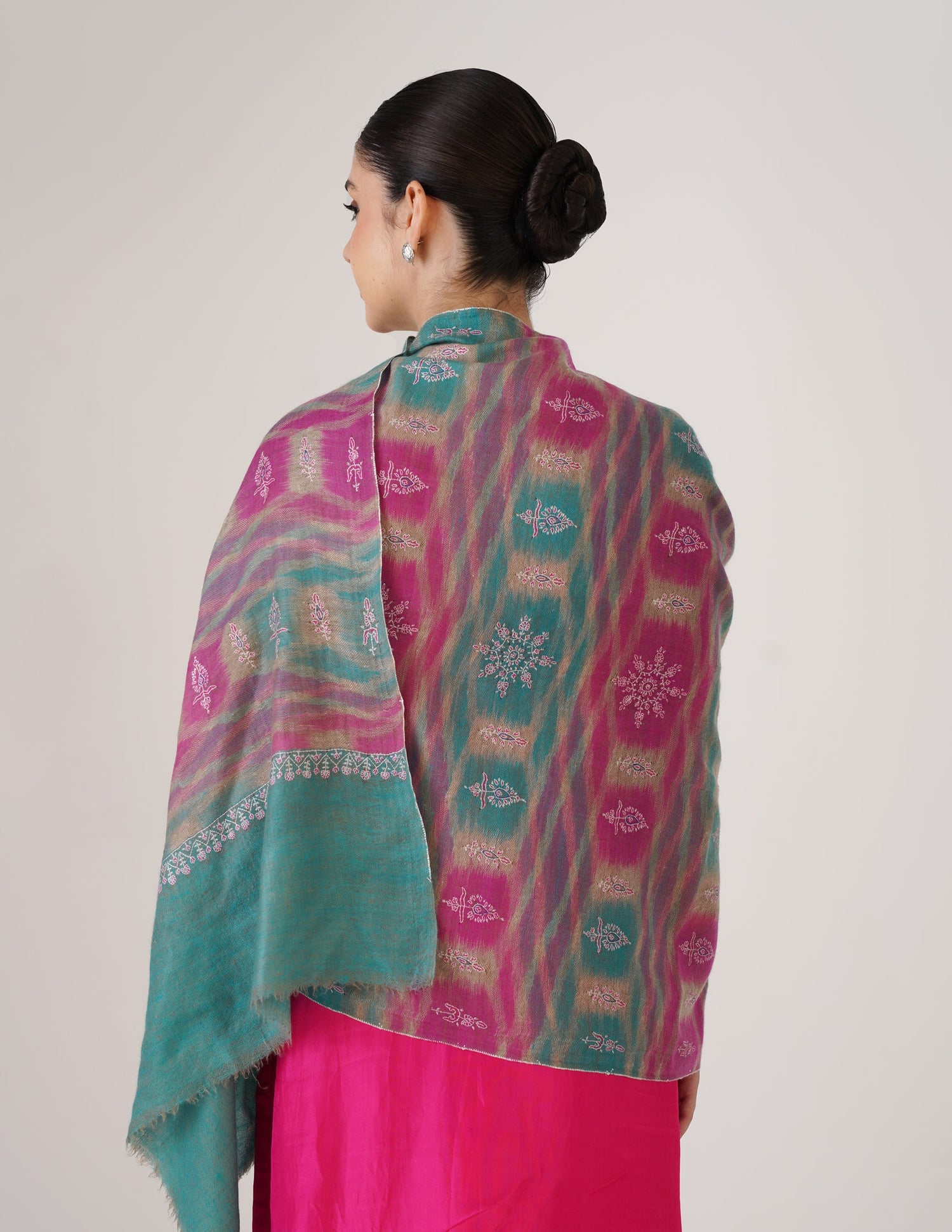 Kashmiri Handwoven Pashmina Sozni Stole Modern Ikkat – Turquoise &amp; Purple | Handwoven Heritage