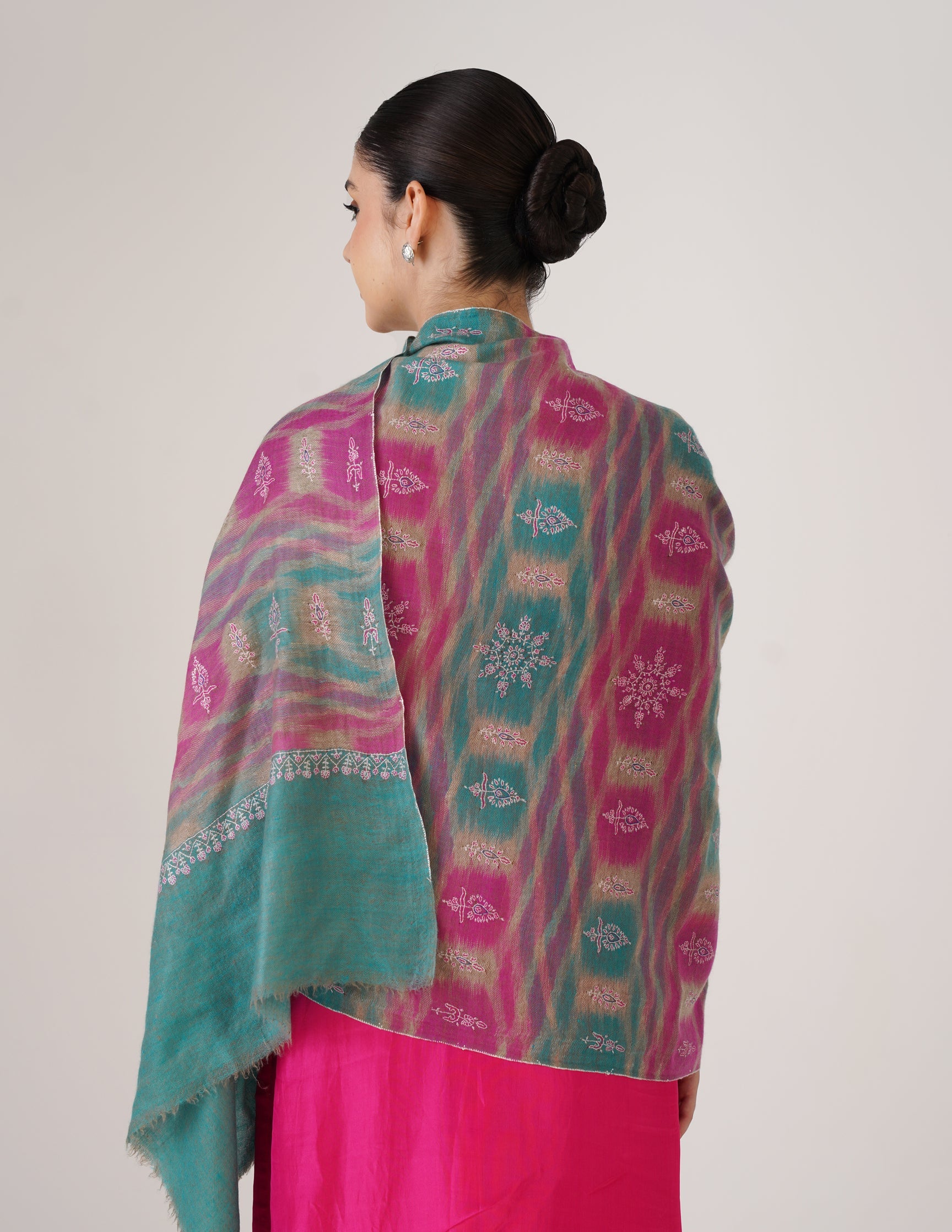 Kashmiri Handwoven Pashmina Sozni Stole Modern Ikkat – Turquoise &amp; Purple | Handwoven Heritage