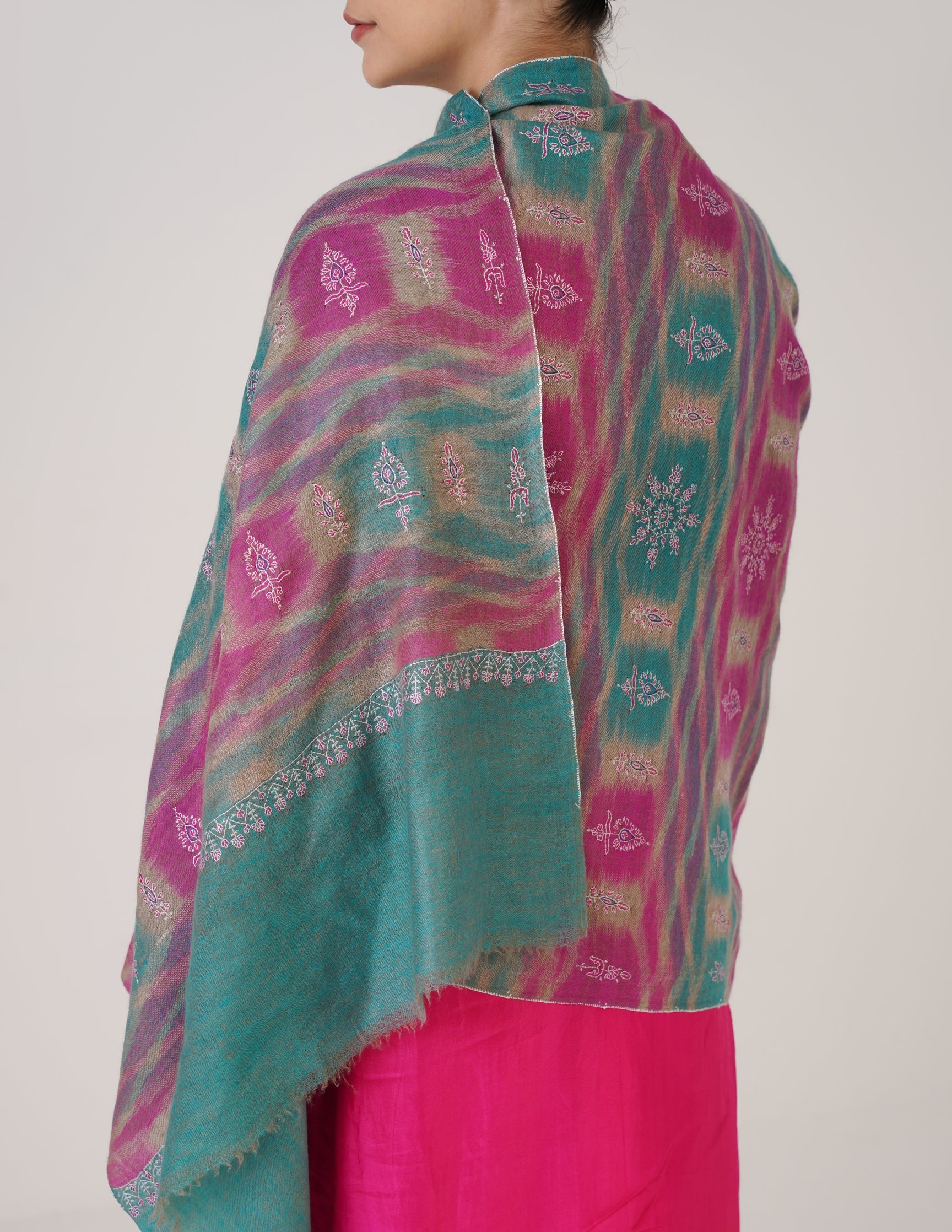 Kashmiri Handwoven Pashmina Sozni Stole Modern Ikkat – Turquoise &amp; Purple | Handwoven Heritage